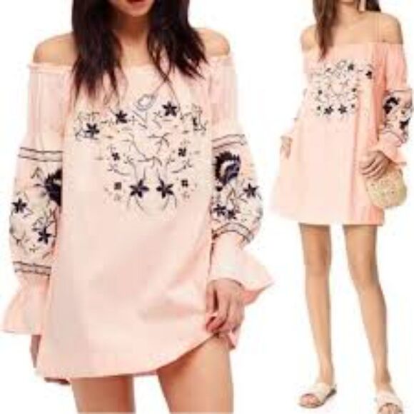 Free People Mini Dress Fleur du jour Pink Embroidered Off Shoulder Women Large - Picture 1 of 11